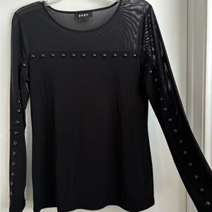 DKNY Black Sheer Sleeve Blouse with Button Accents